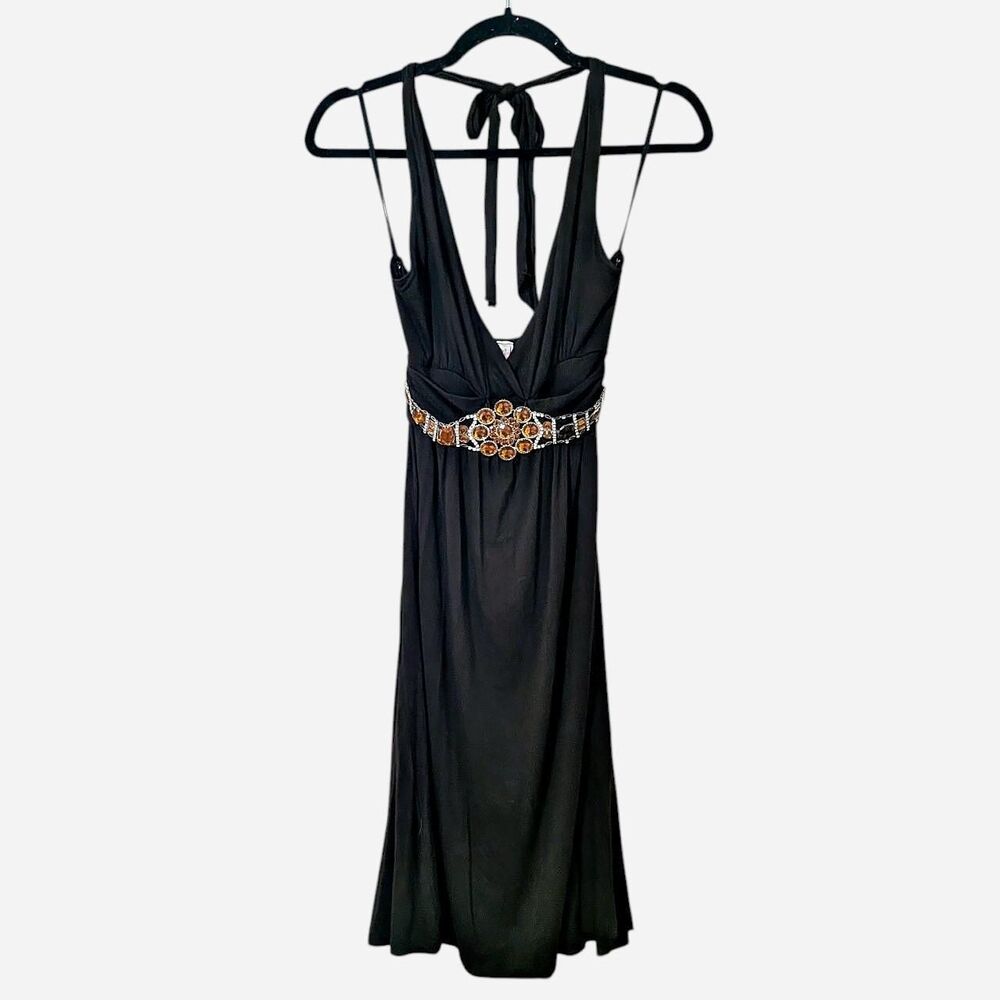 Vintage Style Y2K Black Halter Dress Embellished Jewel Waistband Whimsigoth Fair